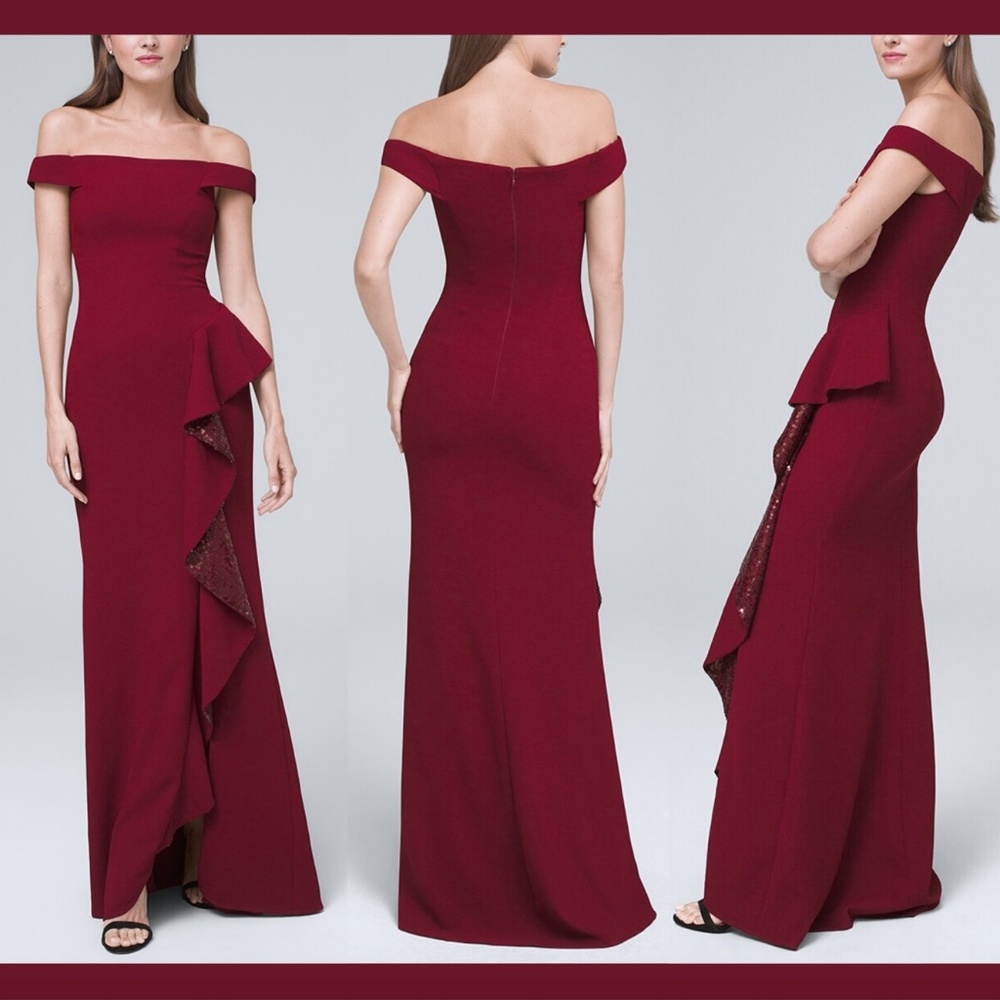 NWT‎ Carmen Marc Valvo Infusion Off Shoulder Sequin Red Ruffle Gown [ SZ 10 ]